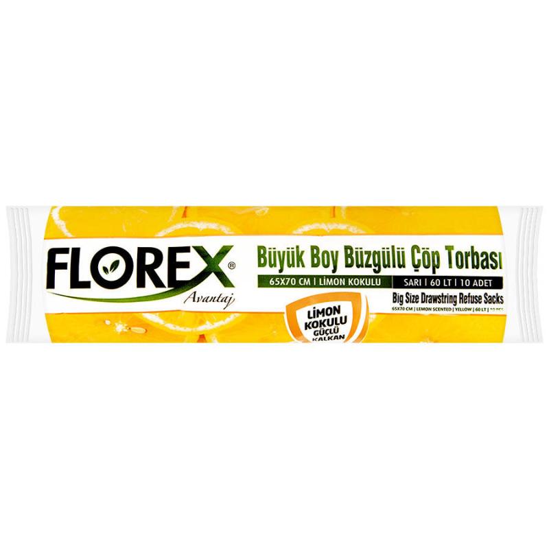 Florex Çöp Torbası Büyük Boy 65 cm x 70 cm Sarı Limon Kokulu Büzgülü  10'lu Paket