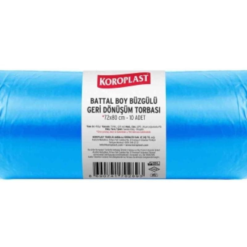 Koroplast Geri Dönüşüm Büzgülü Çöp Torbası Battal 72x80 Cm Mavi 450 Gr 10 Lu 10 Rulo