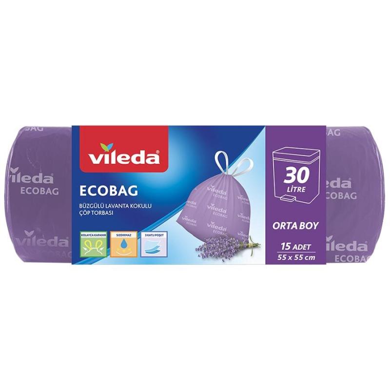 Vileda Çöp Torbası Orta Boy 55 cm x 55 cm Mor Lavanta Kokulu Büzgülü 15'li Paket